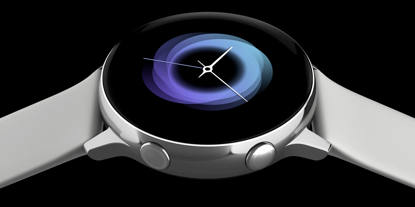 Imagem do Galaxy Watch Active, com uma pulseira prata, sobre fundo preto.