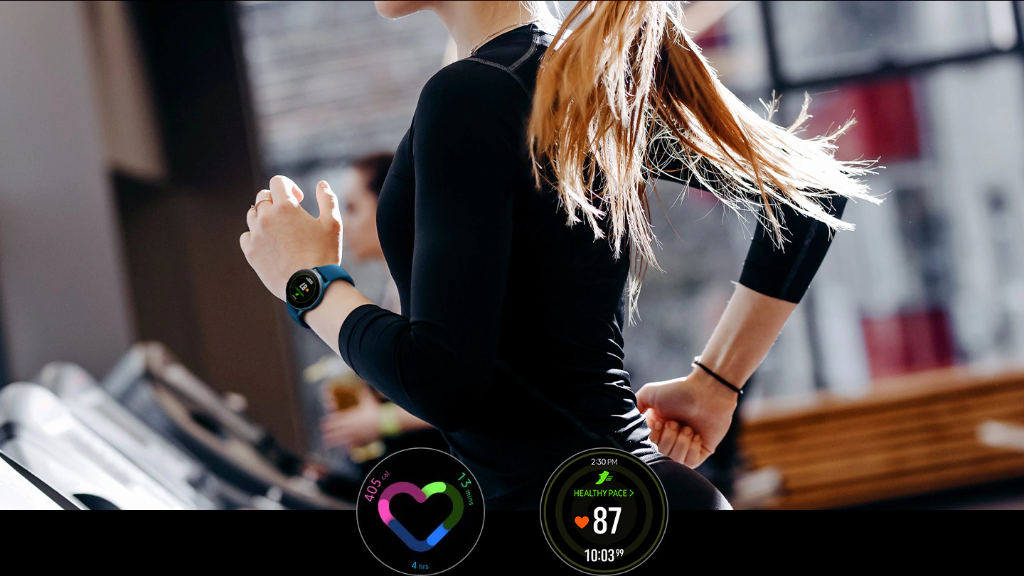 mulher fazendo running com o Galaxy Watch Active;